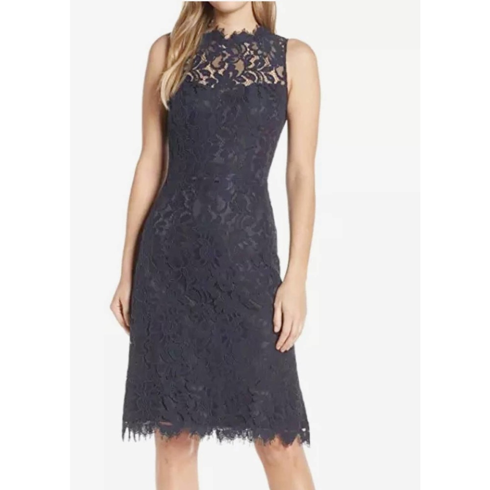 Eliza J Navy Blue Lace over Sleeveless Sheath Dress NWT Size 12 - Picture 1 of 12
